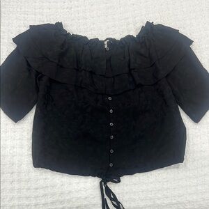 Zadig & Voltaire Black Off the Shoulder Ruffled Blouse with Buttons & Tie Size S